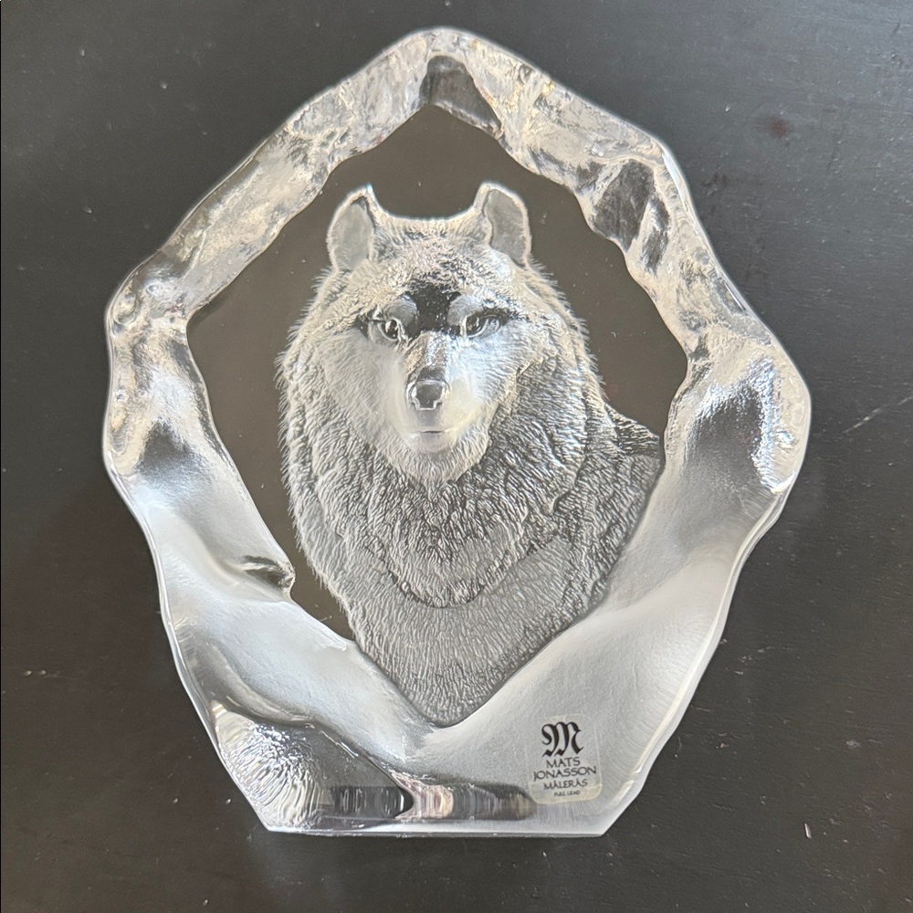 Vintage Mats Jonasson Maleras Crystal Wolf Sculpture Intaglio Paperweight Mint!